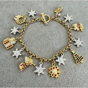 DANBURY MINT Christmas DANGLE CHARM BRACELET Crystal Stars Tree Wreath Bell 7"